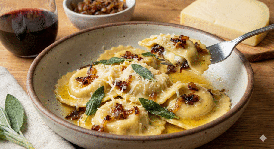 Ravioli de provolone e cebola caramelizada delicioso