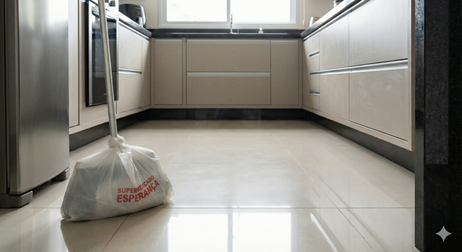 A eletricidade estática provocada pelo atristo entre a saco plástico e a superfície a ser limpa torna possível esse truque de limpeza