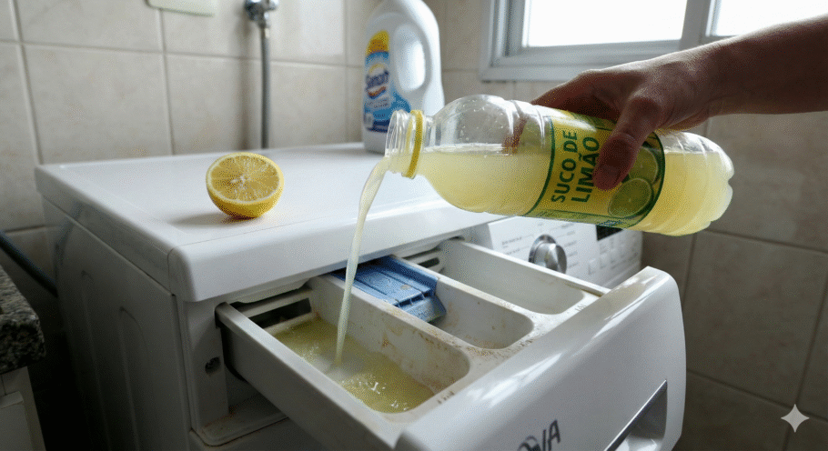 O suco de limão deve ser colocado diretamente no compartimento de sabão ou no tambor vazio