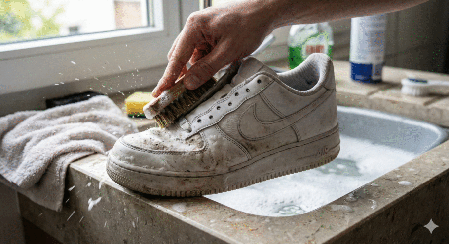 No caso de tênis brancos, o vinagre age limpando profundamente sem danificar o tecido ou a borracha