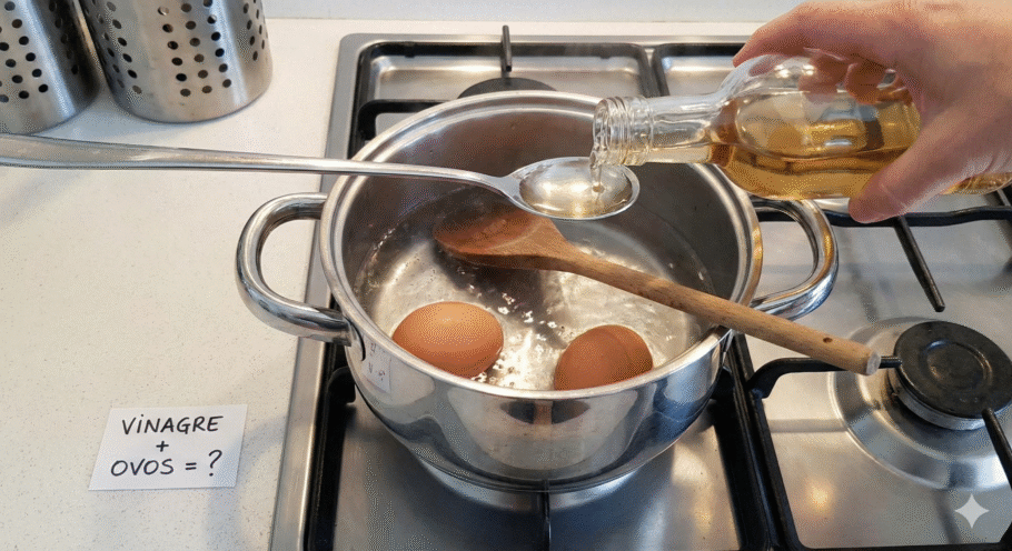 Adicionar vinagre na água ao cozinhar ovos ajuda a evitar que eles quebrem (selando rachaduras rapidamente)