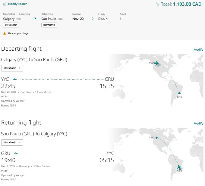 Simulação mostra voos entre Calgary e São Paulo