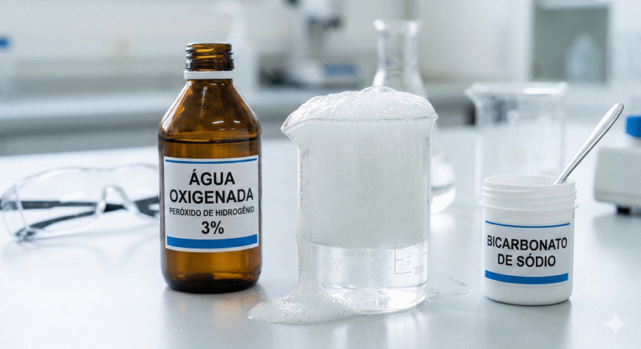 Misturar água oxigenada e bicarbonato de sódio é um truque caseiro eficiente para limpeza, desinfecção e clareamento de superfícies claras