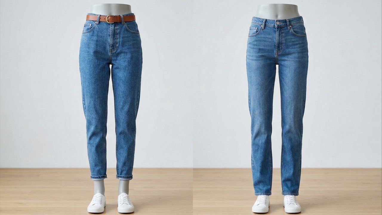 Mom jeans destacam a cintura e a calça reta mantém o corte uniforme.