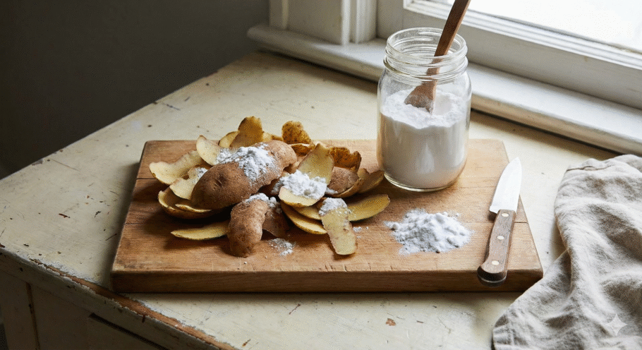 Misturar cascas de batata com bicarbonato de sódio ajuda a tirar ferrugem das panelas