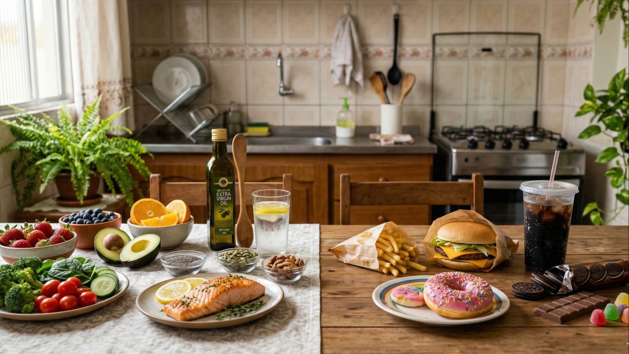 A alimentação modula a acne adulta ao influenciar hormônios e a inflamação.