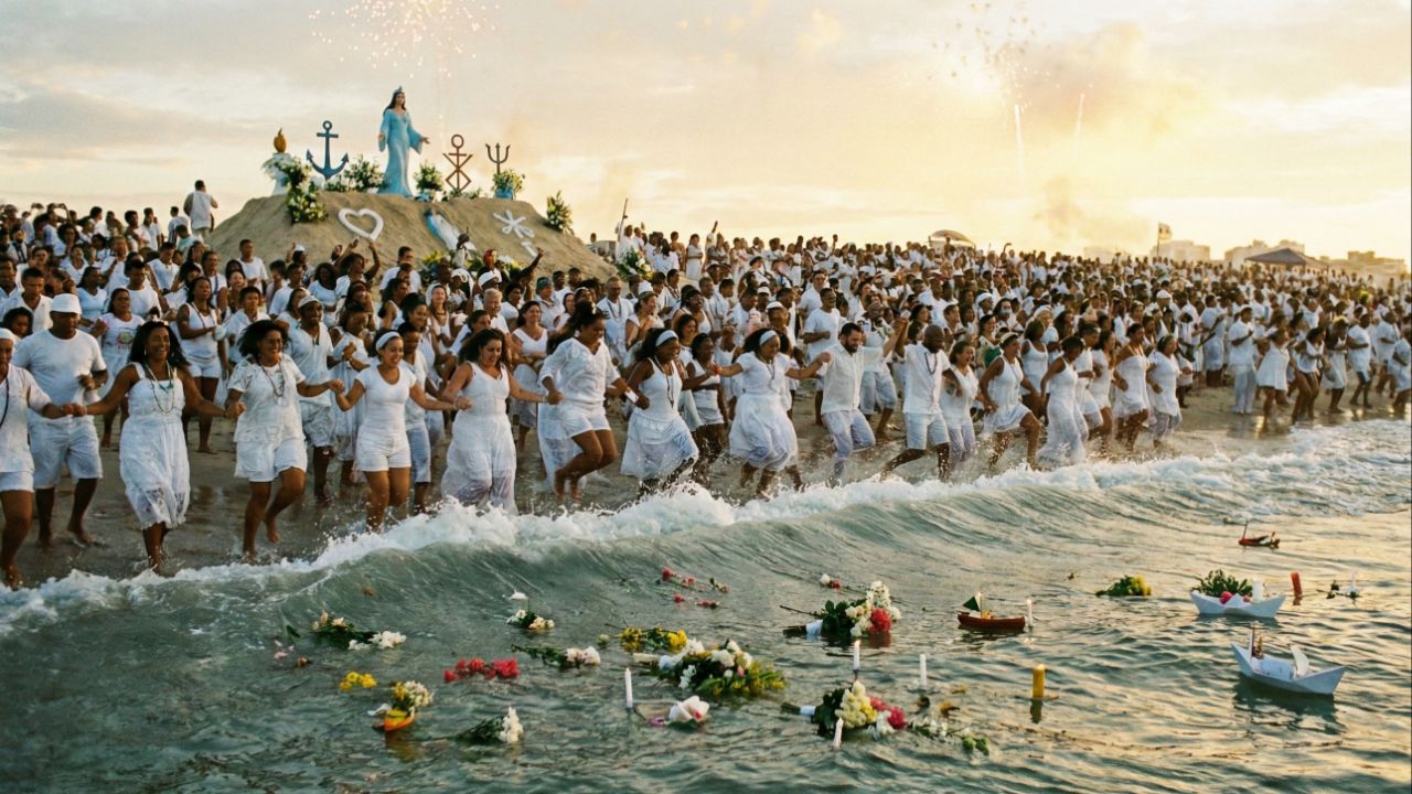 Sete ondas simbolizam fé e proteção em homenagem a Iemanjá.