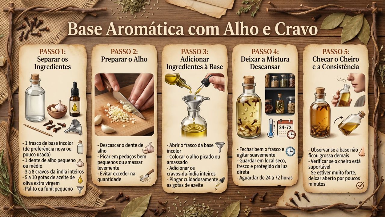 A base com alho, cravo e azeite fortalece e hidrata as unhas com itens caseiros adaptáveis.