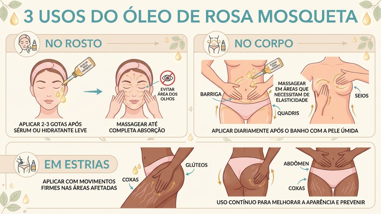 Aplique o óleo de rosa mosqueta puro ou misturado sobre a pele limpa.