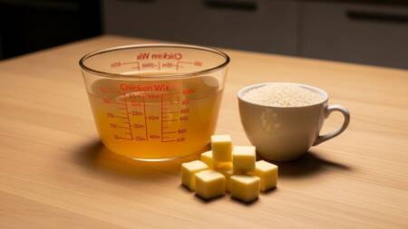 O caldo aromatiza os grãos durante o cozimento