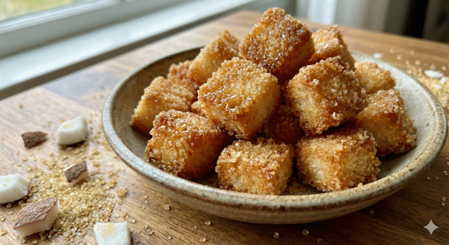 Coquinho crocante açucarado é um doce caseiro fácil, feito com coco fresco, açúcar e água