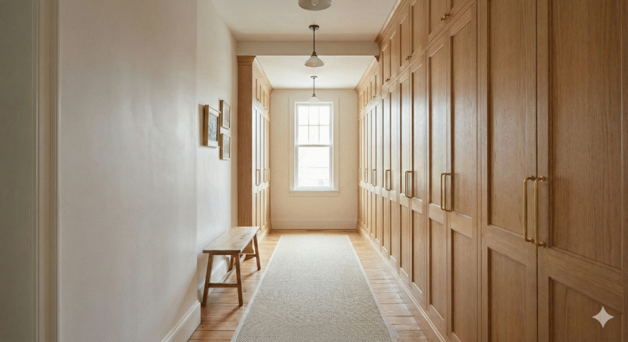 Os nichos e armários embutidos surgem como protagonistas na decoração dos corredores