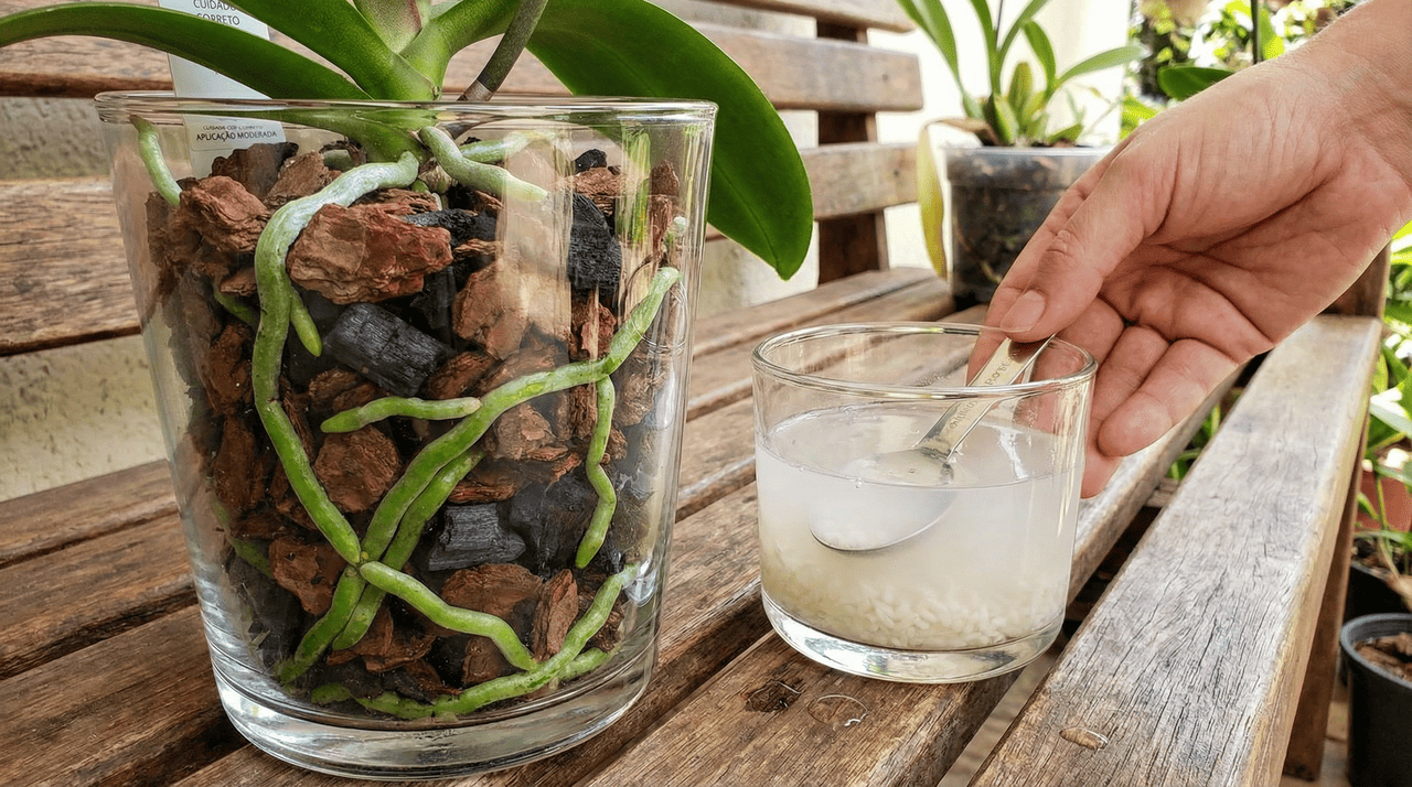A água de arroz bem diluída contém amido e pequenos traços de minerais que podem atuar como um reforço leve na nutrição da orquídea