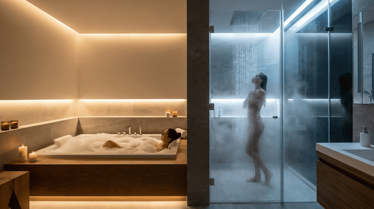 A banheira é associada a um banho mais longo, em água parada, o que favorece o relaxamento muscular por imersão