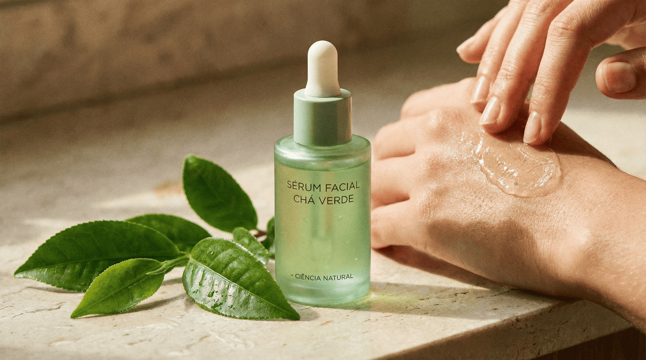 O sérum de chá verde é um produto de textura leve, geralmente aquosa ou levemente viscosa