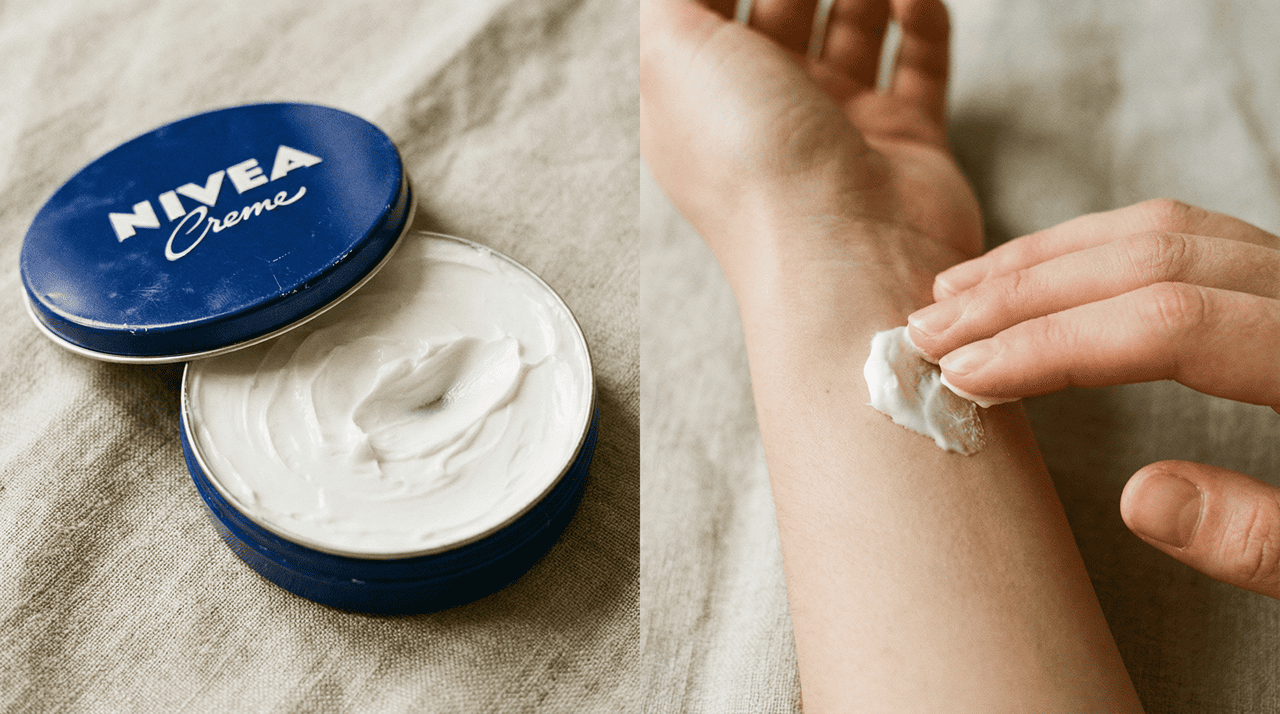 O creme NIVEA da latinha azul é um hidratante de textura espessa, indicado para áreas que exigem cuidado reforçado