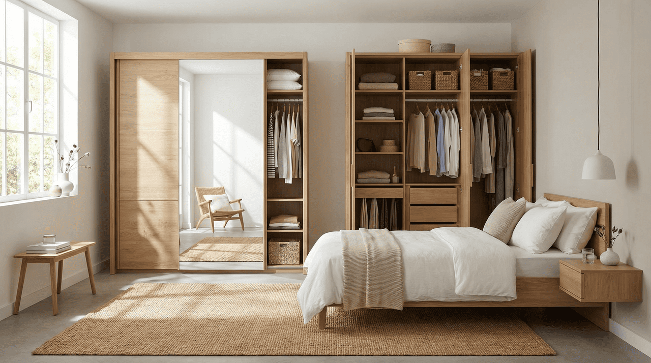 O guarda-roupa com porta de correr utiliza trilhos e roldanas para deslizar as folhas lateralmente, dispensando área livre na frente do móvel