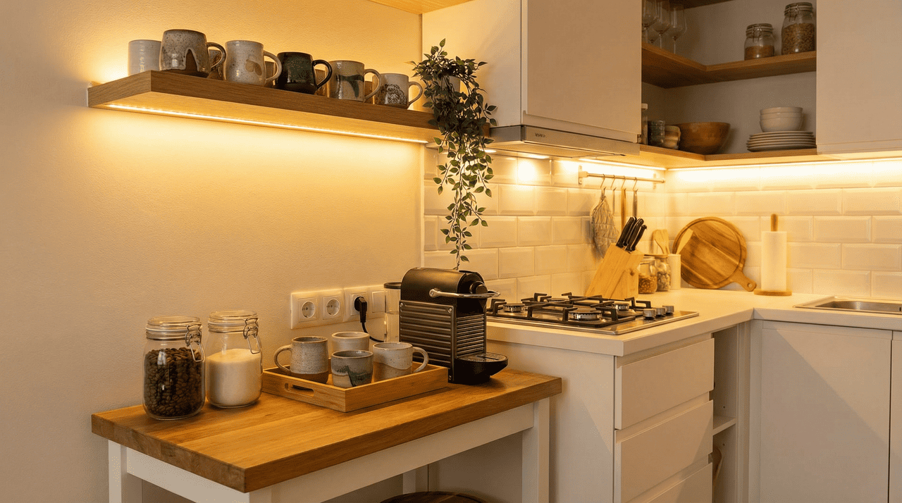 Para montar um cantinho do café em cozinha pequena, o primeiro passo é definir um local fixo, mesmo que seja um trecho reduzido da bancada ou de um aparador estreito