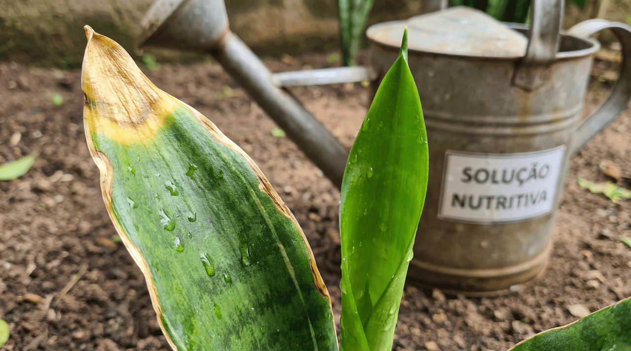 O amarelamento das pontas das folhas da espada-de-são-jorge é um sintoma clássico de deficiência de potássio no substrato
