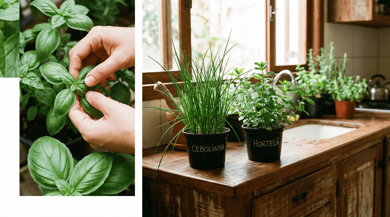 O manjericão é, provavelmente, a planta aromática mais usada na culinária brasileira e uma das mais fáceis de cultivar em vasos pequenos na janela da cozinha