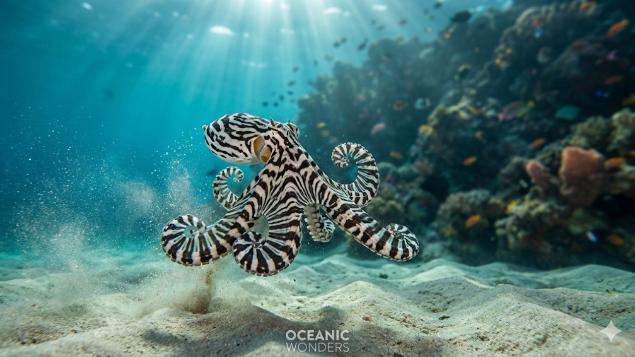 Como o polvo mimético utiliza sua coloração disruptiva única para enganar predadores e desafiar os fotógrafos mais experientes nas profundezas do oceano.