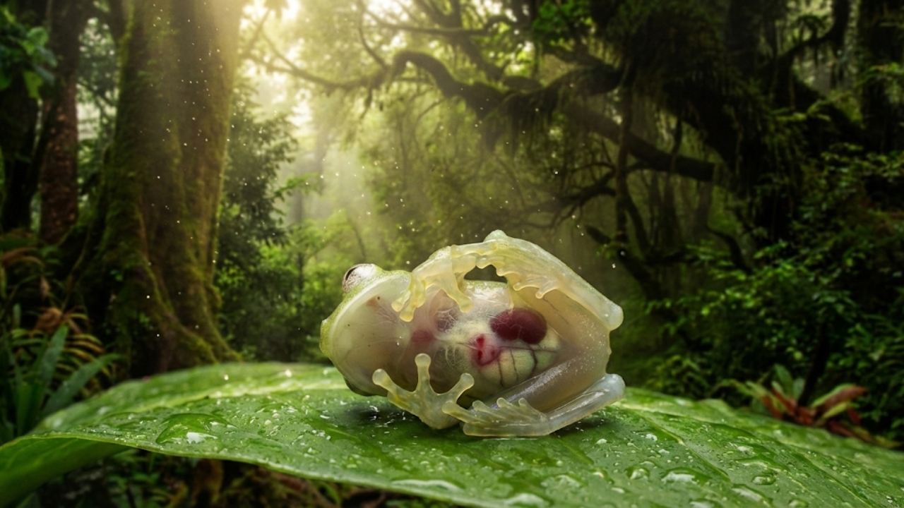 Esta imagem captura o ápice da camuflagem natural, ilustrando como o Hyalinobatrachium desaparece no ambiente ao manipular sua própria biologia, um segredo evolutivo que desafia a física óptica.