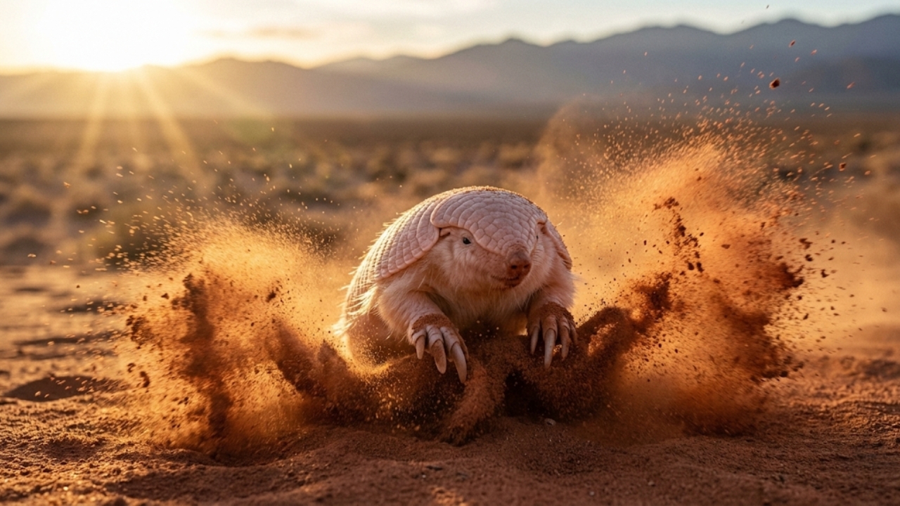Esta imagem captura o momento exato em que o pichiciego-menor usa suas poderosas garras para “nadar” na areia, ilustrando sua incrível adaptação e a razão de ser tão difícil de ser avistado.