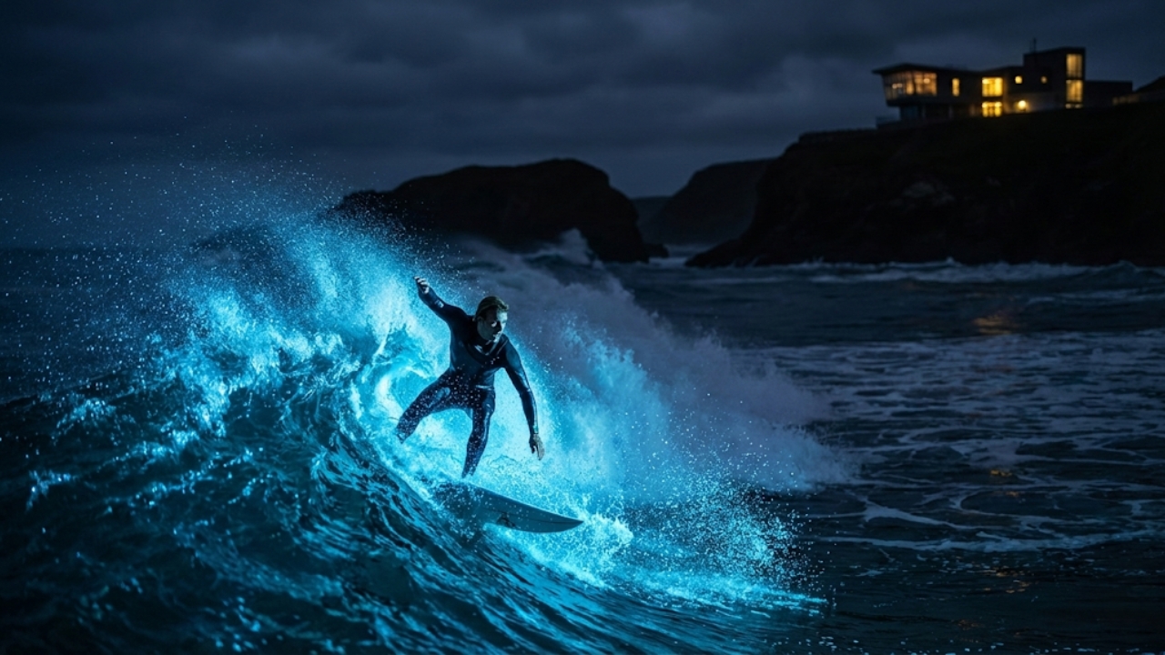 Esta imagem captura a beleza hipnotizante do fenômeno descrito no artigo, usando a luz dramática e as partículas em suspensão para representar visualmente a reação química dos dinoflagelados. É o gancho visual perfeito que une o fascínio do surfe noturno com a introdução do tema científico.