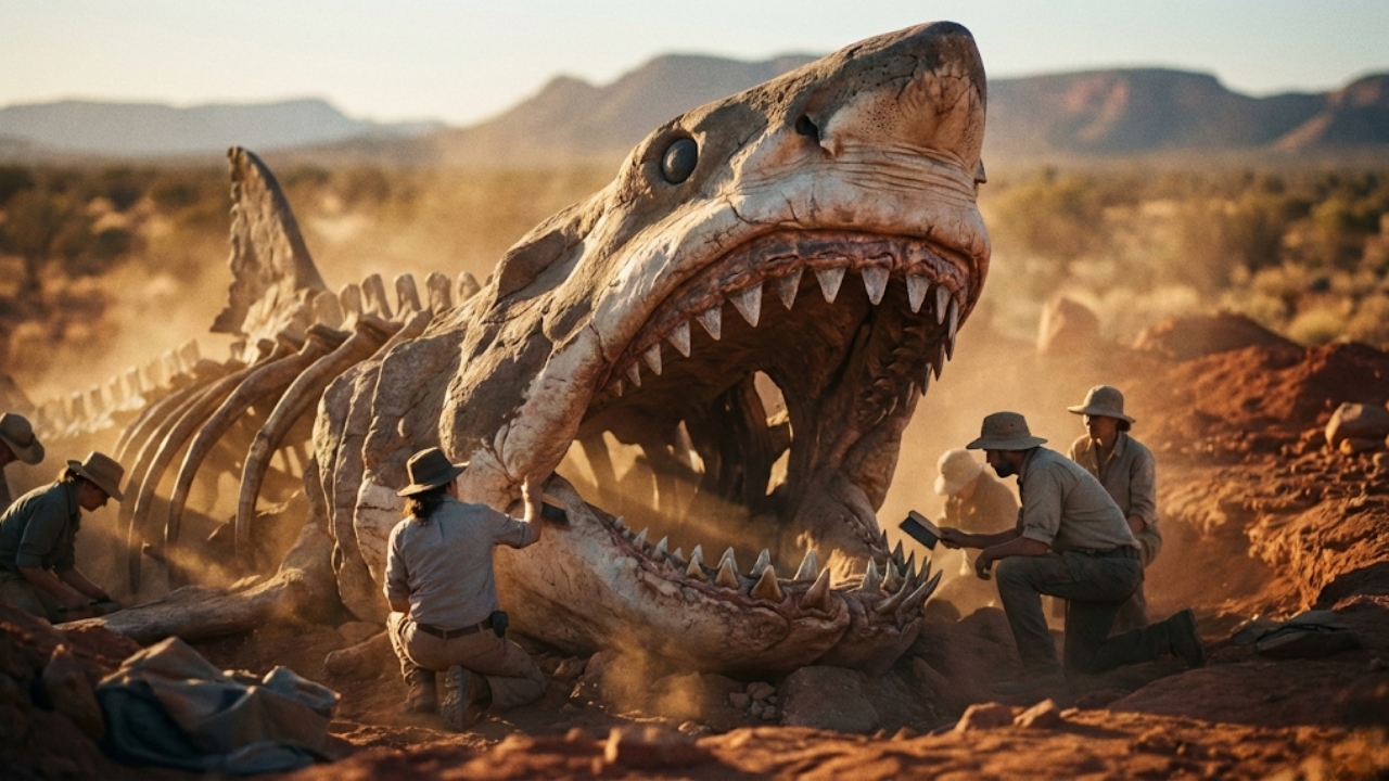 Esta imagem impressionante captura o momento monumental em que uma equipe de paleontólogos desenterra o esqueleto fossilizado de um tubarão pré-histórico de proporções gigantescas. Localizado na paisagem árida do interior da Austrália, que um dia foi um vasto oceano interior, o fóssil revela a escala aterrorizante dos predadores que dominavam os mares antigos. A descoberta oferece um vislumbre inestimável da biodiversidade e das condições extremas da Era Cretácea, reescrevendo nossa compreensão sobre a evolução dos grandes vertebrados marinhos. O cuidado meticuloso dos pesquisadores destaca a importância de preservar esses registros únicos da história profunda do nosso planeta.