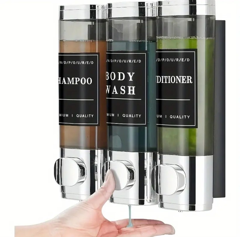 O dispensador de shampoo, condicionador e gel de banho custa R$143,66 na Temu