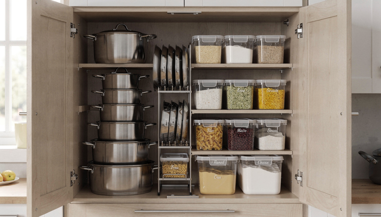 A organização interna do armário impacta a produtividade na hora de cozinhar e reduz o estresse diário