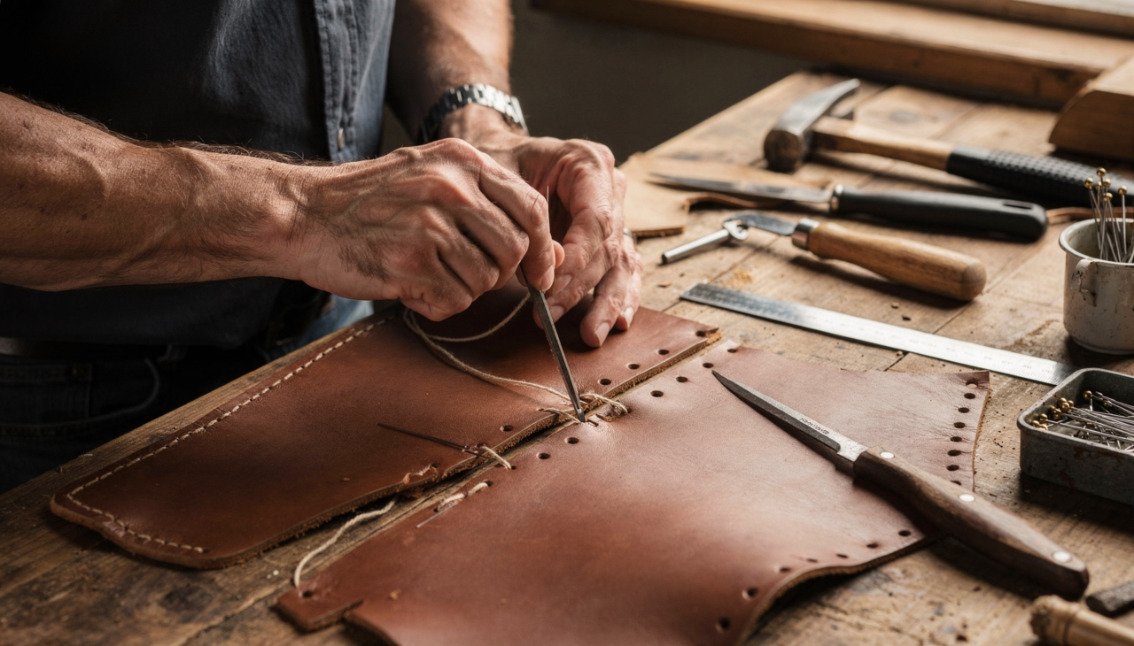 O artesão inicia o trabalho selecionando uma sovela afiada ou um prego para perfurar o couro sintético com total segurança