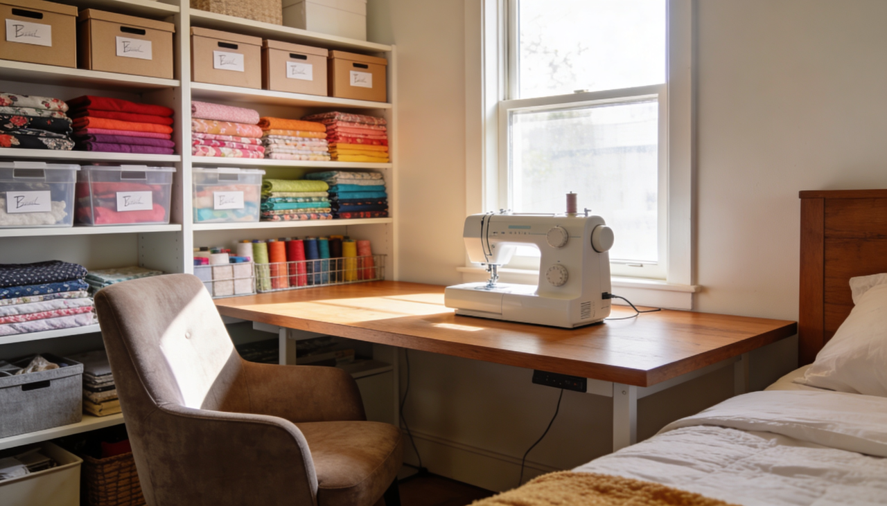 A mobília envolve bancada ampla para corte