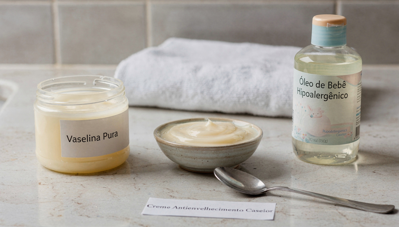 O creme antienvelhecimento caseiro com vaselina pura e óleo de bebê é uma mistura simples