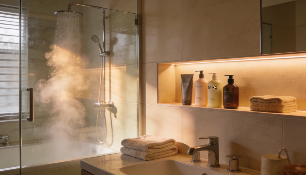 O conceito de banho premium define um momento de autocuidado dividido em três blocos