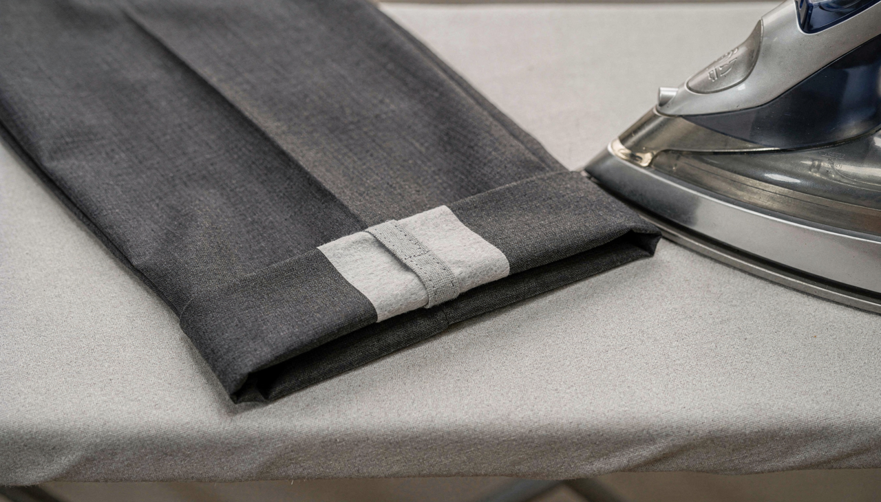 A mágica da bainha instantânea acontece com a utilização correta da entretela dupla face ou fita termocolante