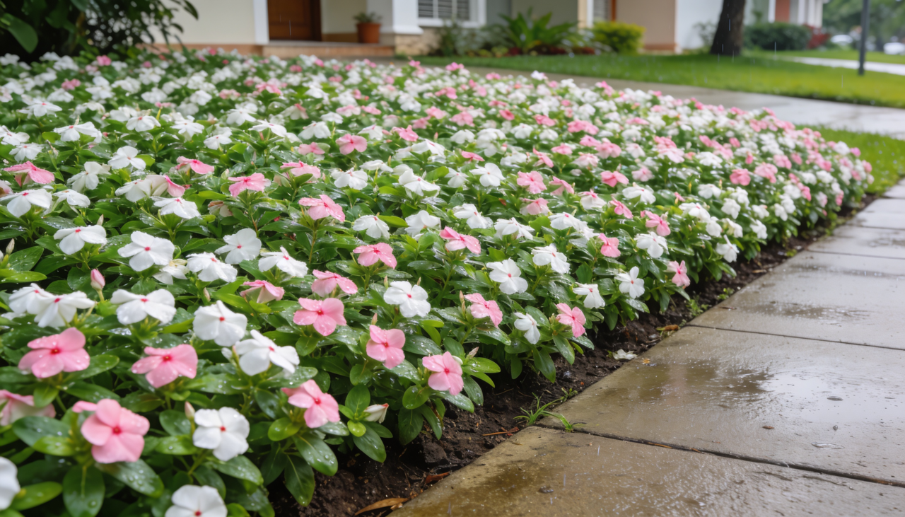 A estrutura de crescimento da vinca cria um tapete vegetal denso