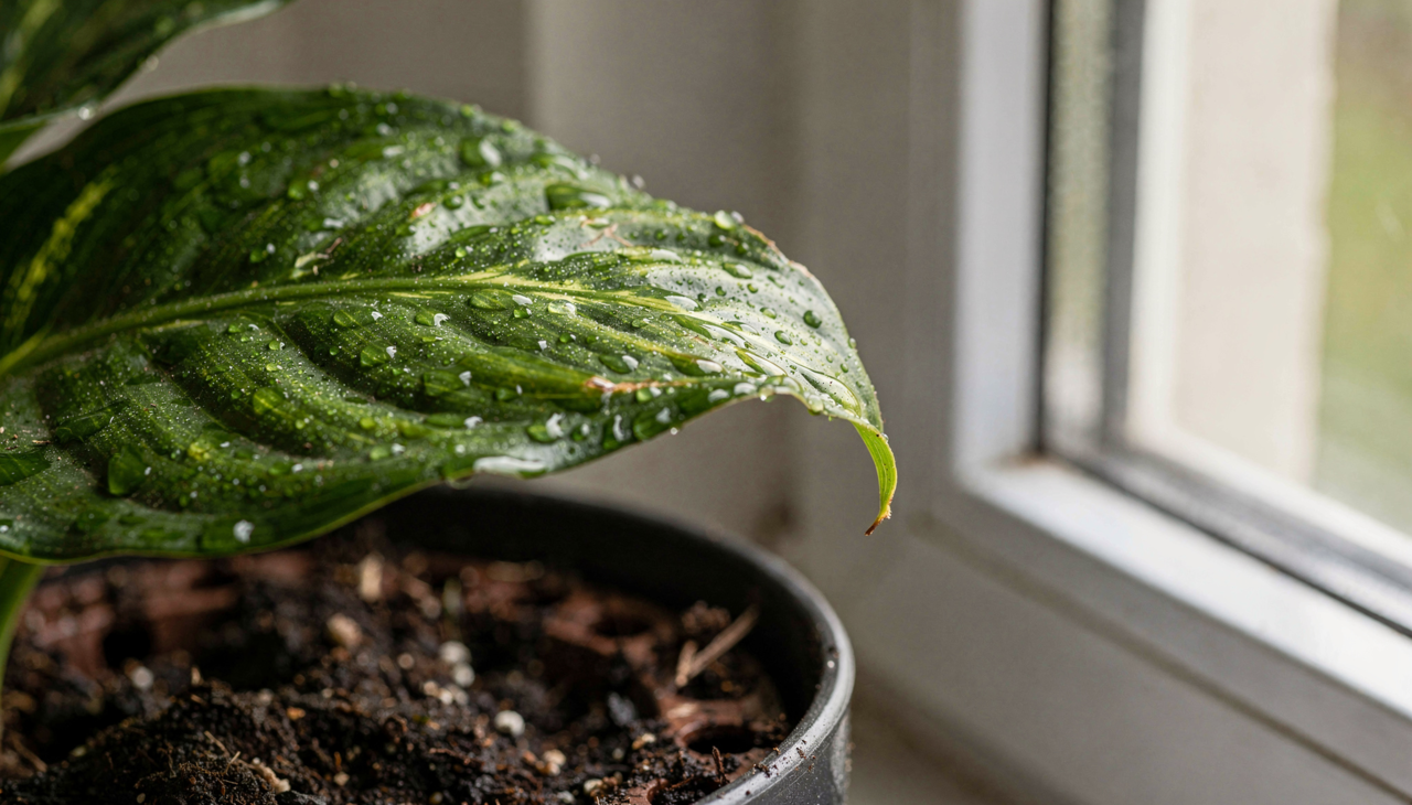 Plantas gotejando água apresentam pequenas gotas nas bordas ou nas pontas das folhas