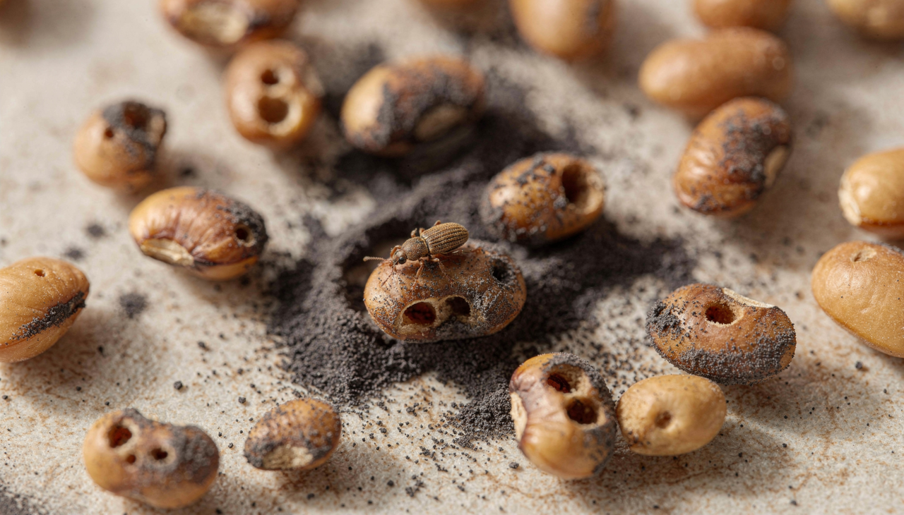 A fêmea deposita os ovos soltos entre os grãos ou nas pequenas frestas da casca