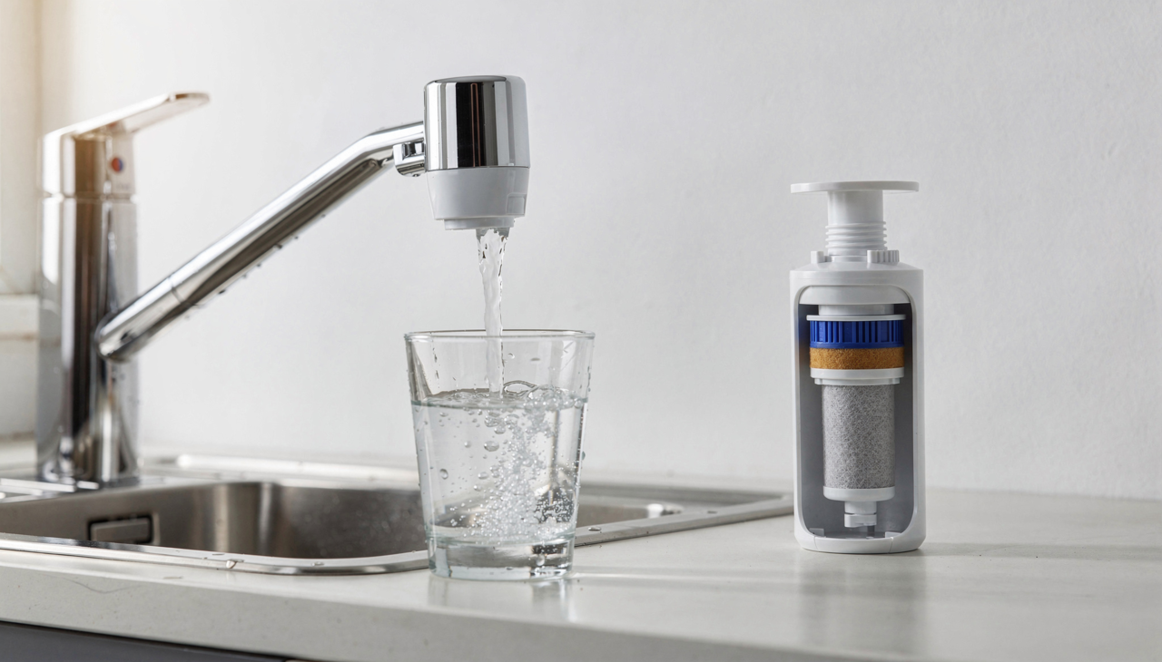 O purificador de torneira é instalado no ponto de água e funciona sob pressão
