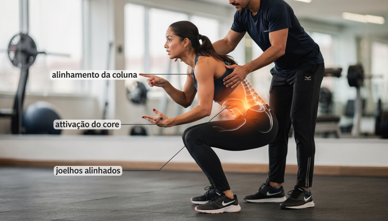 O alinhamento correto dos joelhos e da coluna é fundamental para garantir a segurança durante o agachamento