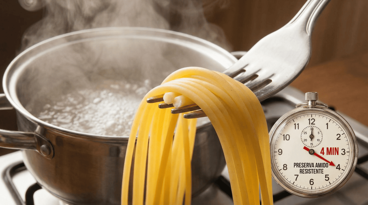 O tempo de cozimento determina quanto amido é liberado para a água e quanto permanece na massa