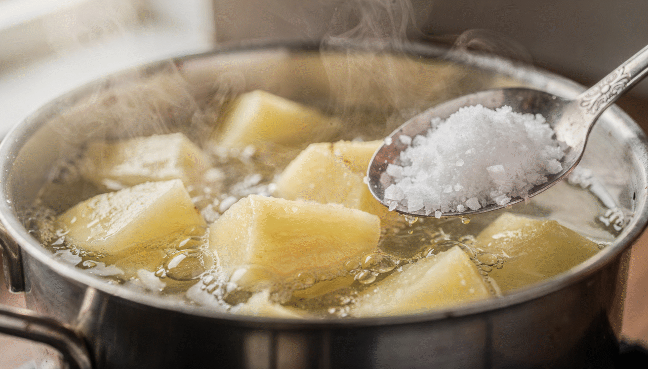 O sal dissolvido na água é absorvido gradualmente pela batata durante o cozimento