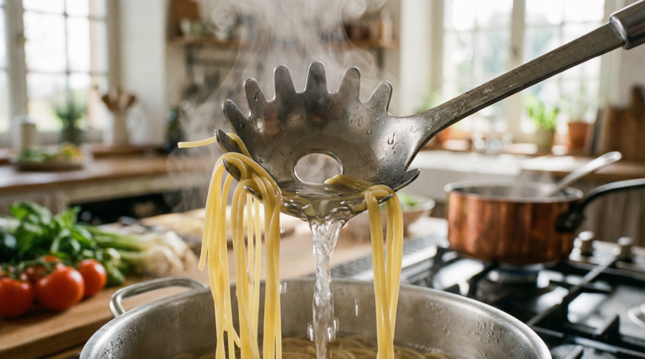 o buraco também contribui para o escoamento eficiente da água ao retirar o macarrão da panela