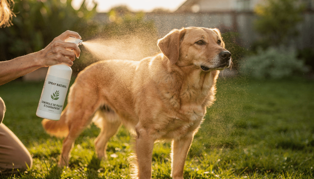 A combinação mais documentada e bem tolerada por cães é o spray de vinagre de maçã com água