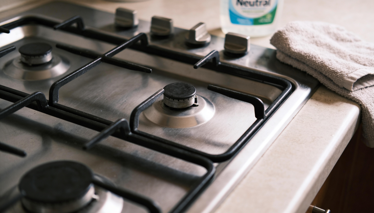 O fogão com mesa de vidro temperado chama atenção pelo acabamento liso e brilhante