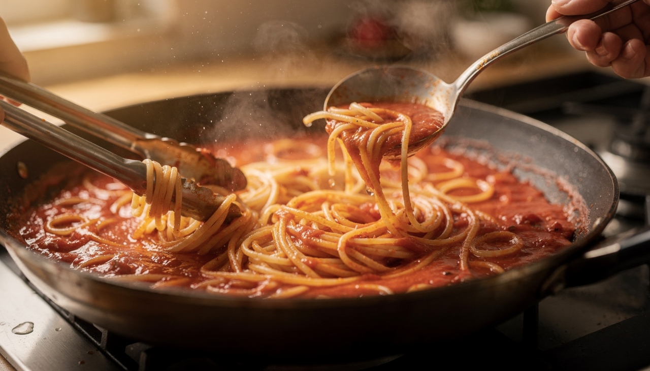 A água do cozimento do macarrão contém amido liberado durante o preparo, o que ajuda a criar uma emulsificação natural com o molho