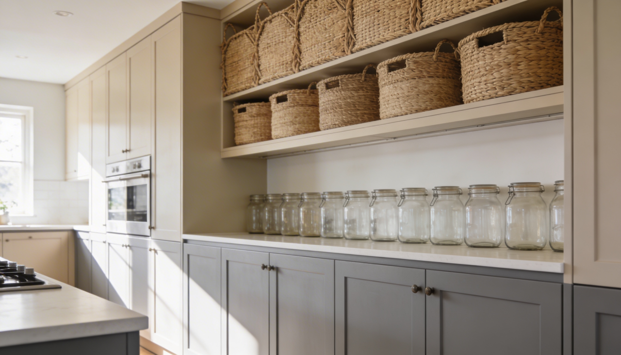 Uma das formas mais comuns de aproveitar o espaço acima dos armários é criar uma faixa decorativa contínua