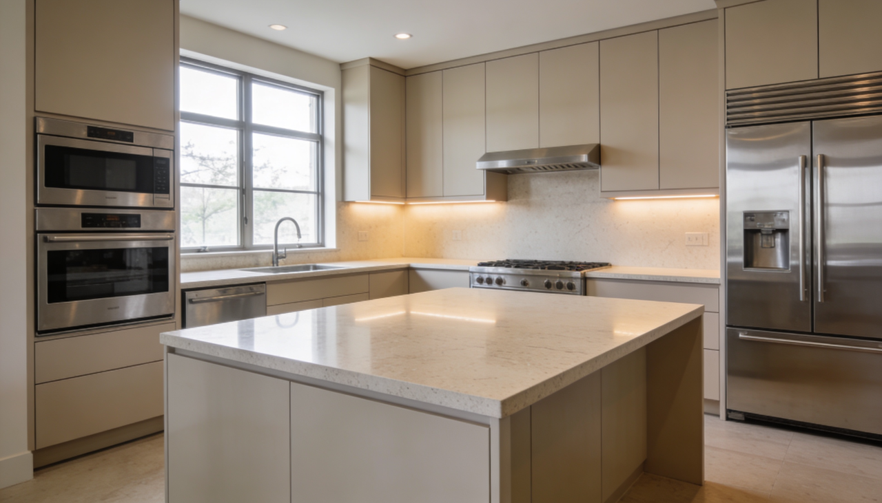 O principal concorrente do granito nas cozinhas atuais é a superfície de quartzo