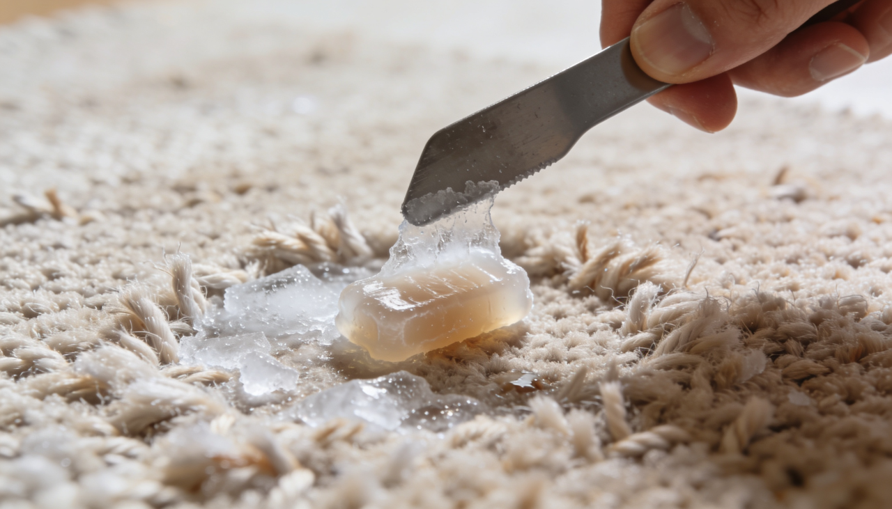 você só precisa pressionar o gelo sobre a sujeira até que ela perca a elasticidade